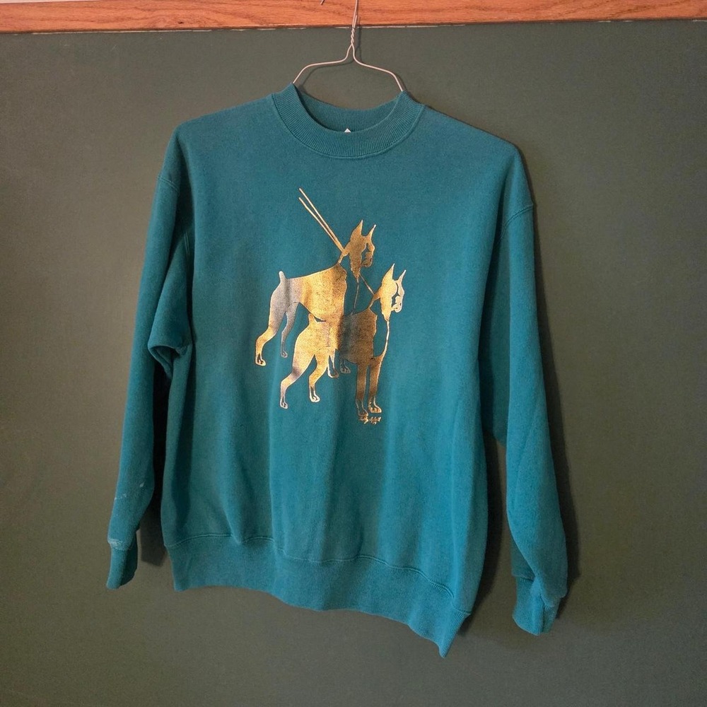 Vintage Hanes Activewear 90s Teal Doberman Dog Graphic Sweatshirt Large